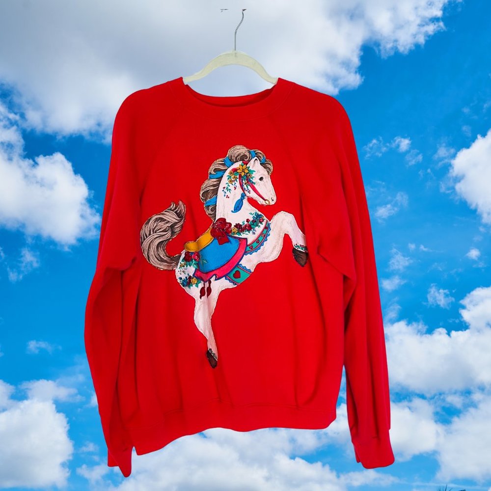 Vintage 1980's Embellished Applique Red XL Carousel Horse Sweatshirt